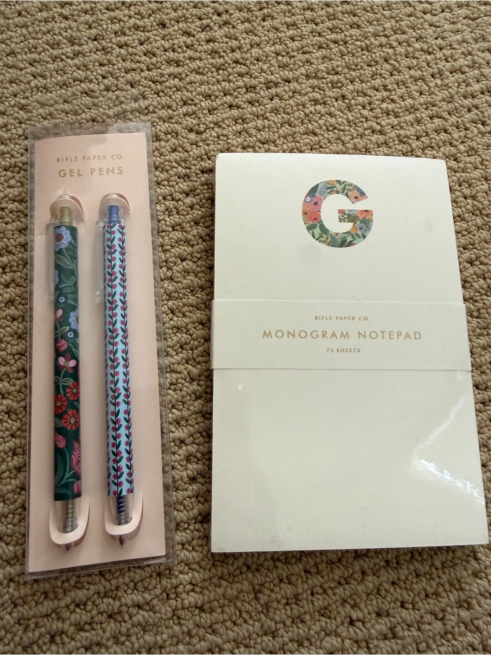 Rifle Paper Co. Floral Gel Pen & G Monogram Notepad — Green, White, Pink